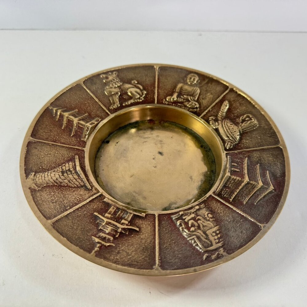 Vtg Brass Chinese Zodiac Ashtray Dish 7" across